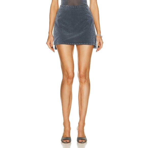 PRISCAVera Velvet Mesh Studded Mini Skirt in Steel Blue - Picture 2 of 6